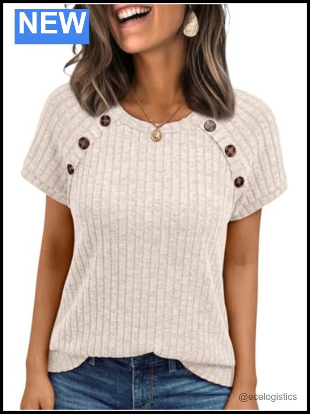 Short Sleeve Tunic Top with Decorative Buttons, Crew Neck, Business Casual